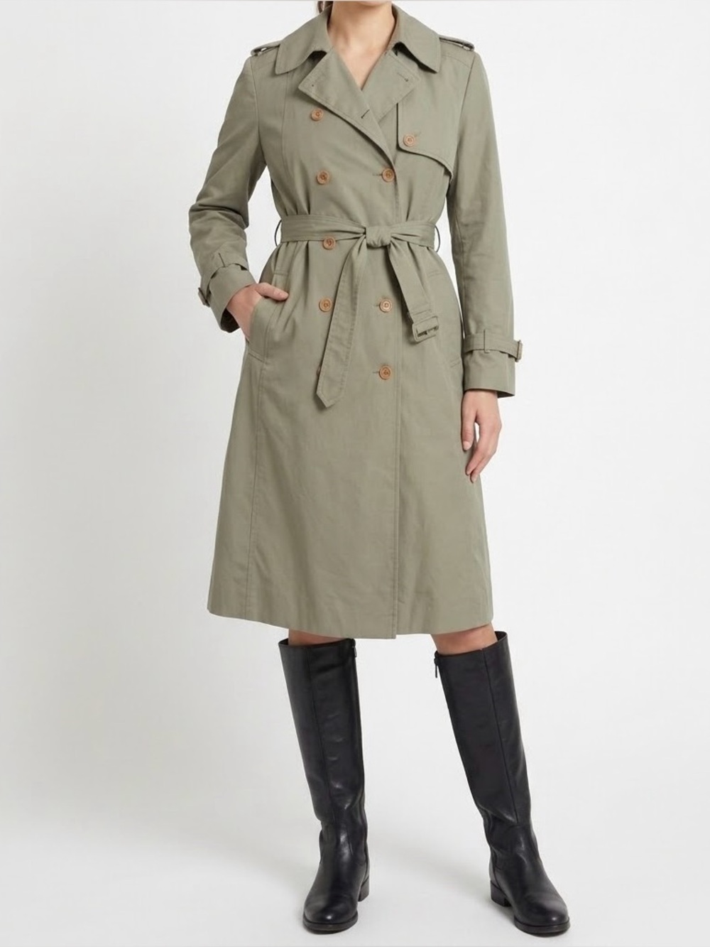 Vintage 70s Rain or Shine Military Green Double Breasted Trench Coat ILGWU USA⁠